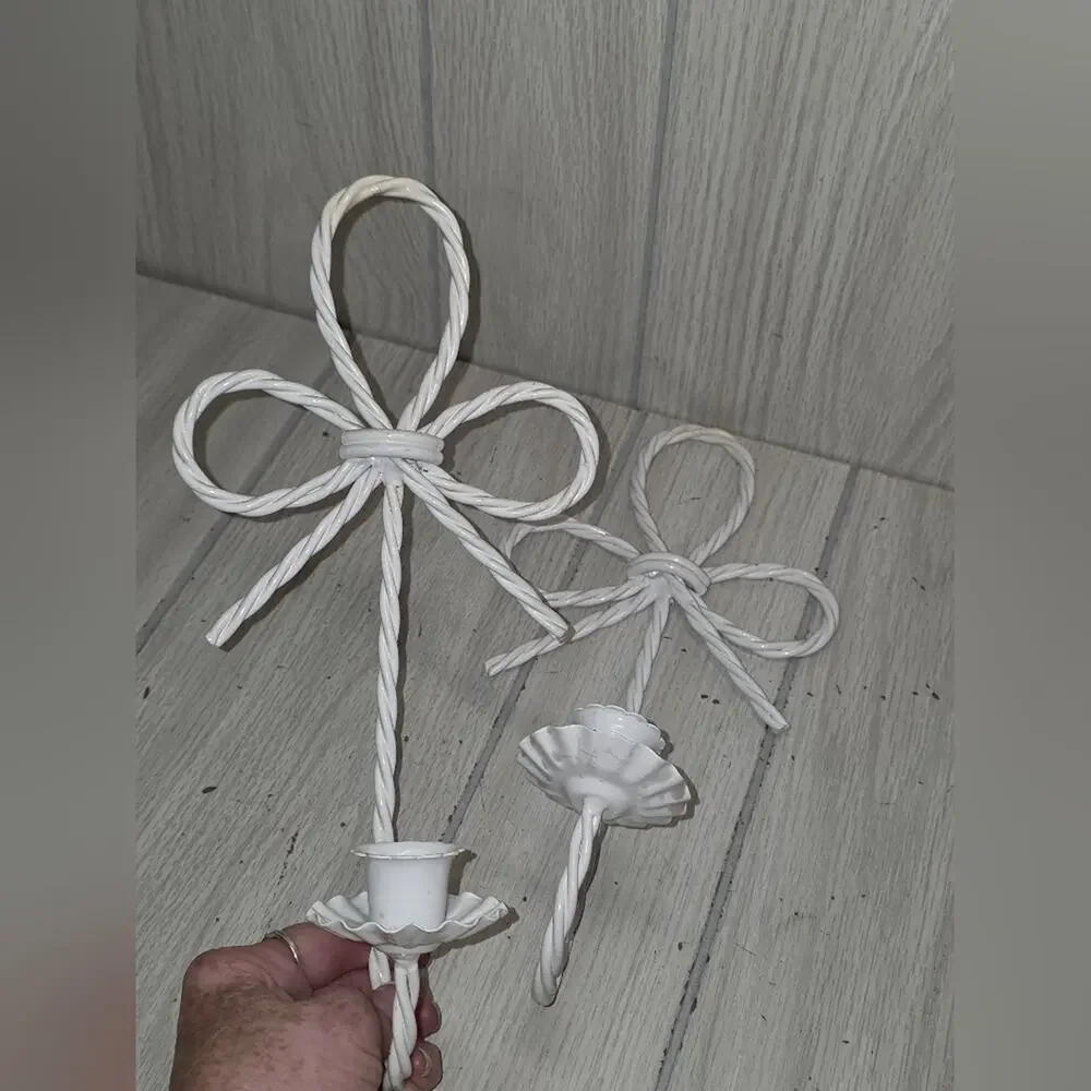 Vtg White Twisted Metal Bow Wall Sconces French Country Candle Holders Farmhouse